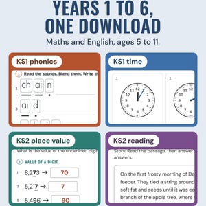 Four topics across Years 1 to 6: KS1 phonics sound buttons, KS1 clock faces, KS2 place value and a KS2 reading card.