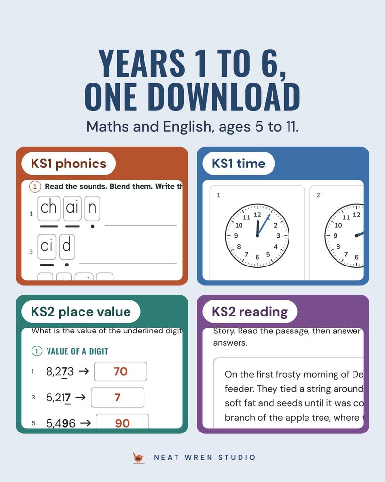 Four topics across Years 1 to 6: KS1 phonics sound buttons, KS1 clock faces, KS2 place value and a KS2 reading card.