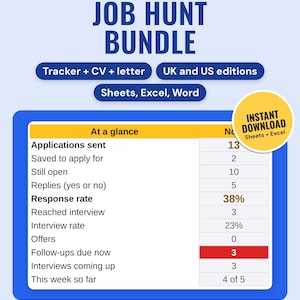 Job hunt bundle: tracker dashboard with 13 applications sent, 38% response rate and 3 follow-ups due now