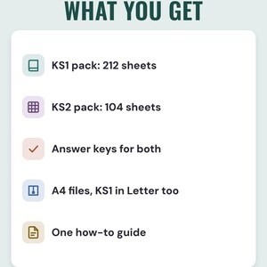 What you get: KS1 pack with 212 sheets, KS2 pack with 104 sheets, answer keys for both, A4 files with KS1 in US Letter too, one how-to guide.