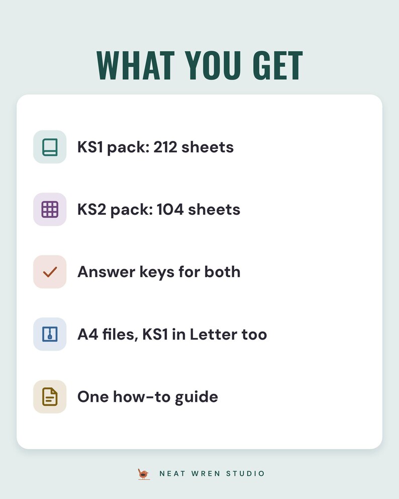 What you get: KS1 pack with 212 sheets, KS2 pack with 104 sheets, answer keys for both, A4 files with KS1 in US Letter too, one how-to guide.