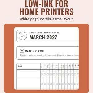 The low-ink March 2027 habit tracker in black outlines on a white page, under the headline Low-ink for home printers, and the line White page, no fills, same layout.