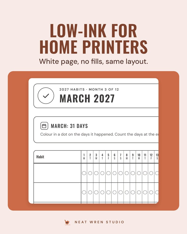 The low-ink March 2027 habit tracker in black outlines on a white page, under the headline Low-ink for home printers, and the line White page, no fills, same layout.