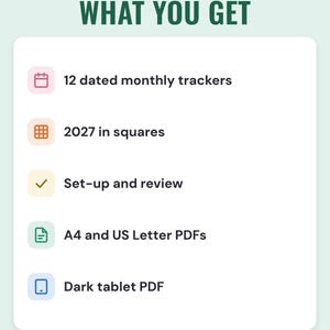 A white card under the headline What you get: 12 dated monthly trackers, 2027 in squares, set-up and review pages, A4 and US Letter PDFs and a dark tablet PDF.