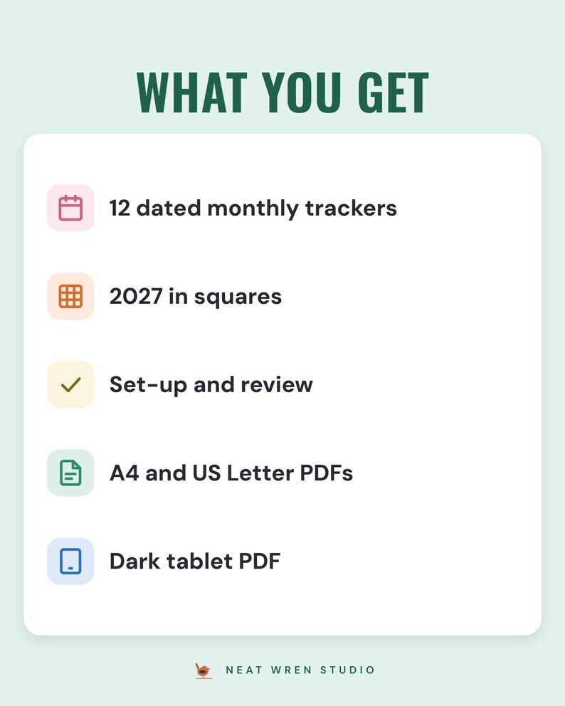 A white card under the headline What you get: 12 dated monthly trackers, 2027 in squares, set-up and review pages, A4 and US Letter PDFs and a dark tablet PDF.