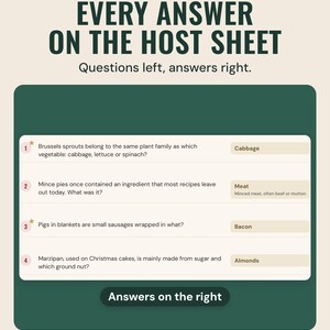 The family quiz host sheet with questions on the left and answers such as Cabbage and Bacon on the right, under the headline Every answer on the host sheet.