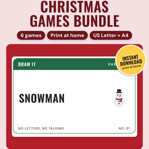 May include: A Christmas games bundle featuring 6 games for print at home in US Letter and A4 sizes. The card displays the text DRAW IT, SNOWMAN, NO LETTERS, NO TALKING, NO. 01, and a yellow circle with INSTANT DOWNLOAD print at home.