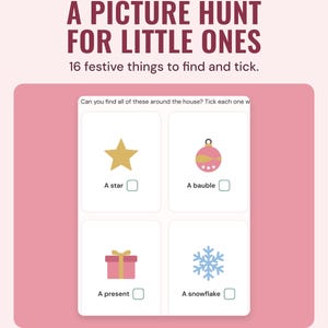 The picture hunt page with a star, a bauble, a present and a snowflake to find and tick, under the headline A picture hunt for little ones.