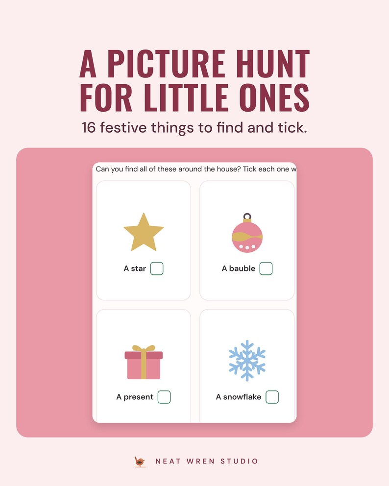 The picture hunt page with a star, a bauble, a present and a snowflake to find and tick, under the headline A picture hunt for little ones.