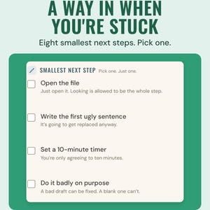 The undated When you're stuck page in the Earthy colourway, listing smallest next steps such as Open the file and Set a 10-minute timer.