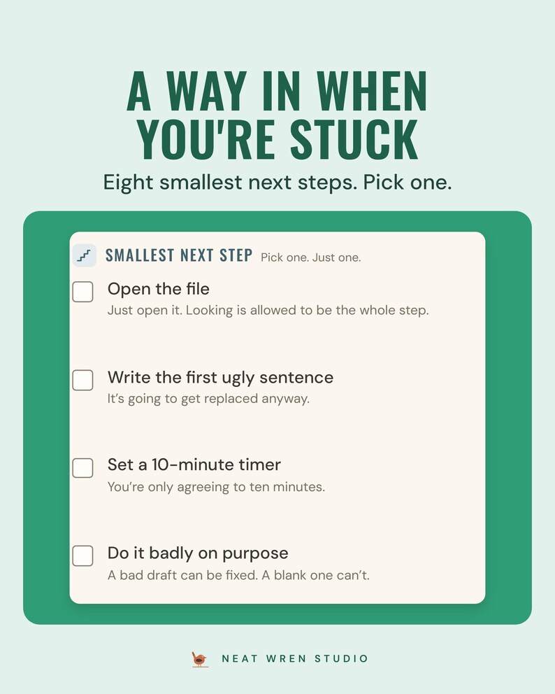 The undated When you're stuck page in the Earthy colourway, listing smallest next steps such as Open the file and Set a 10-minute timer.