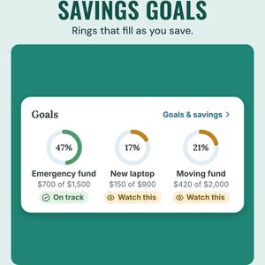 The app's goals card with rings for an emergency fund, a new laptop and a moving fund, under the headline Savings goals, and the line Rings that fill as you save.
