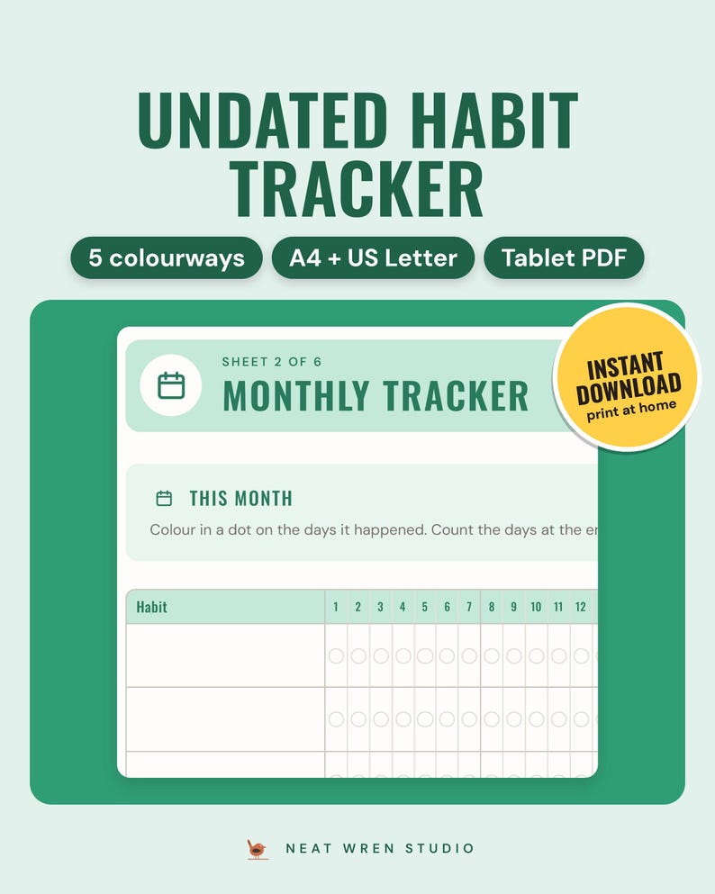 Habit Tracker Printable: main listing photo showing the product with an 'Instant download' badge. Digital product from Neat Wren Studio.
