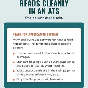 A guide box on how the template reads cleanly in application software, with one column of real text, under the headline Reads cleanly in an ATS.