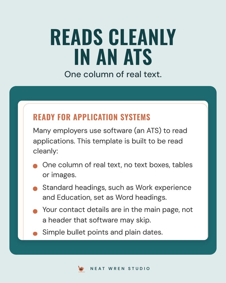 A guide box on how the template reads cleanly in application software, with one column of real text, under the headline Reads cleanly in an ATS.