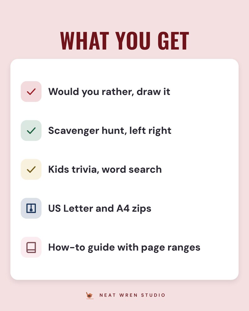 A white card under the headline What you get: would you rather and draw it cards, scavenger hunt and left right, kids trivia and word search, US Letter and A4 zips, and a how-to guide.