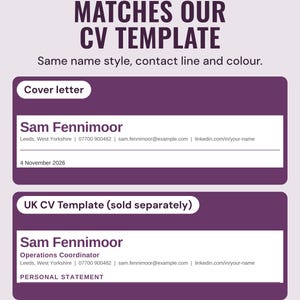 The example cover letter and the matching CV heading in the same style, under the headline Matches our CV template, and the line Same name style, contact line and colour.