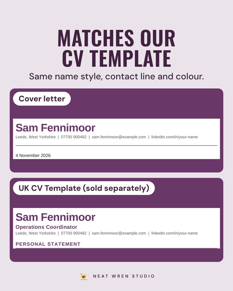 The example cover letter and the matching CV heading in the same style, under the headline Matches our CV template, and the line Same name style, contact line and colour.