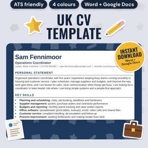 Lebenslaufvorlage (UK) | ATS-optimierter, zweiseitiger A4-Lebenslauf mit persönlichem Statement, ohne Foto (Word, Google Docs)