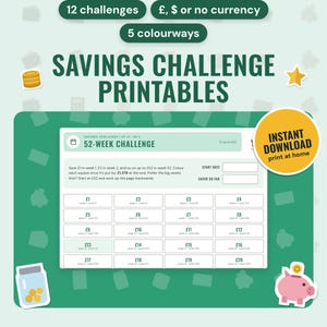 Savings Challenge Printables: main listing photo showing the product with an 'Instant download' badge and flat coins, star, savings jar and piggy bank icons. Digital product from Neat Wren Studio.