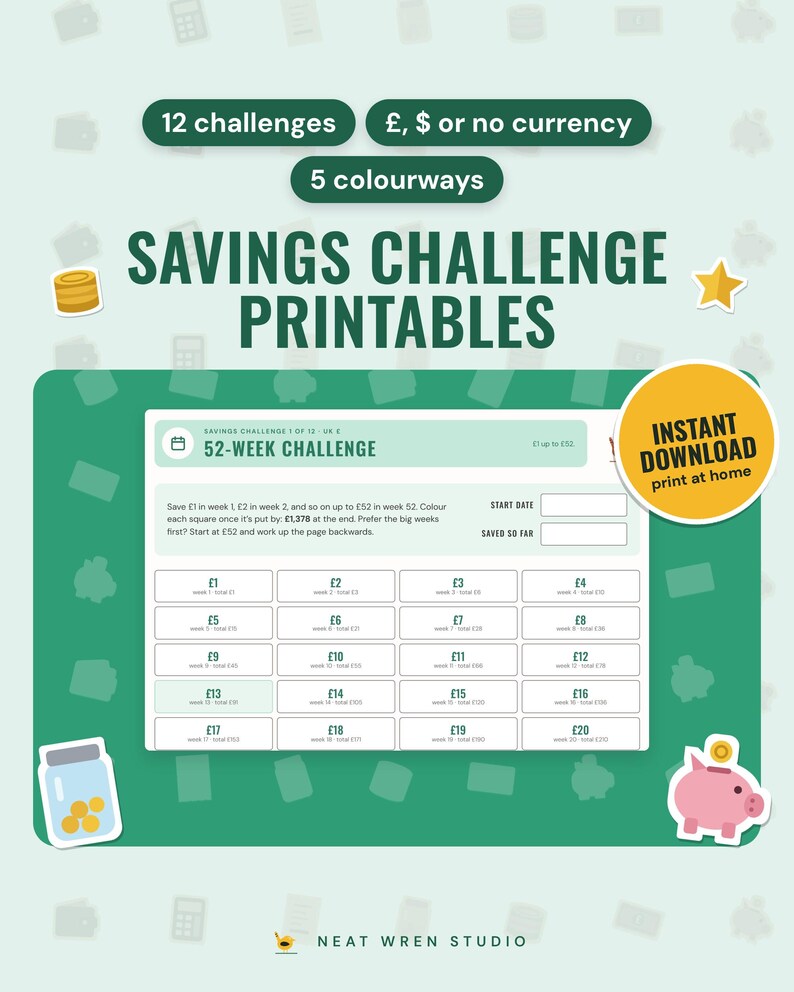Savings Challenge Printables: main listing photo showing the product with an 'Instant download' badge and flat coins, star, savings jar and piggy bank icons. Digital product from Neat Wren Studio.
