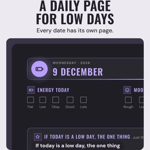Dark mode daily page for Wednesday 9 December with energy and mood check boxes and a line for the one thing if today is a low day.
