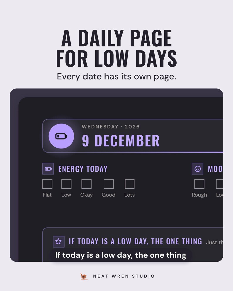 Dark mode daily page for Wednesday 9 December with energy and mood check boxes and a line for the one thing if today is a low day.