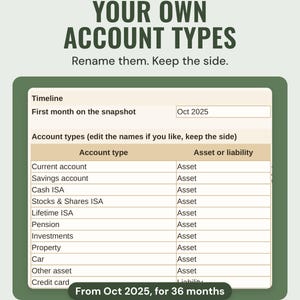 Settings tab with the first month on the snapshot set to Oct 2025 and a list of editable account types, each marked as an asset or a liability.