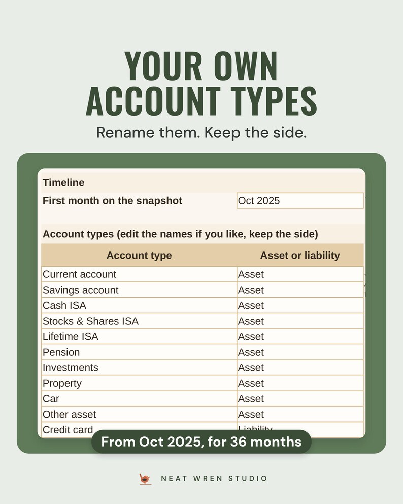 Settings tab with the first month on the snapshot set to Oct 2025 and a list of editable account types, each marked as an asset or a liability.