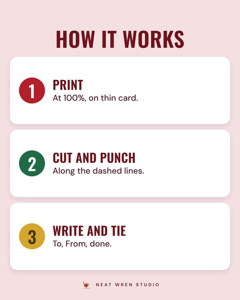 Three numbered steps under the headline How it works: print at 100% on thin card, cut and punch along the dashed lines, then write To and From and tie.