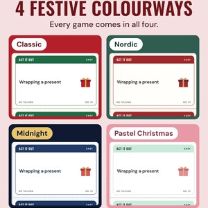 The same charades card in four colourways, Classic, Nordic, Midnight and Pastel Christmas, under the headline 4 festive colourways.