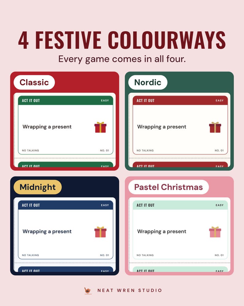 The same charades card in four colourways, Classic, Nordic, Midnight and Pastel Christmas, under the headline 4 festive colourways.