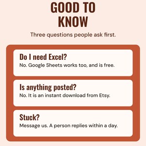 Good to know: you do not need Excel because Google Sheets works too, nothing is posted because it is an instant download, and a person replies to messages within a day.