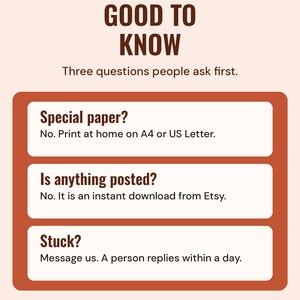 Good to know: print at home on A4 or US Letter, nothing is posted because it is an instant download, and a person replies to messages within a day.