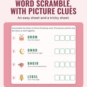 A Christmas word scramble sheet with picture clues, such as URDM next to a drum, under the headline Word scramble, with picture clues.