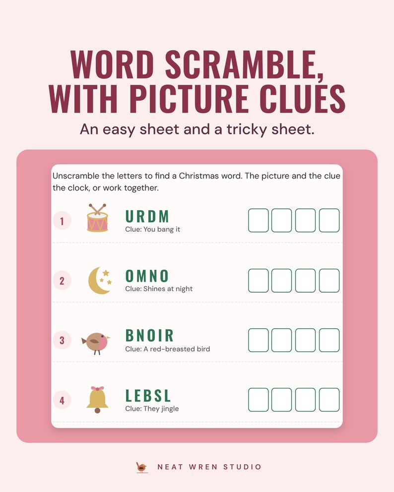 A Christmas word scramble sheet with picture clues, such as URDM next to a drum, under the headline Word scramble, with picture clues.