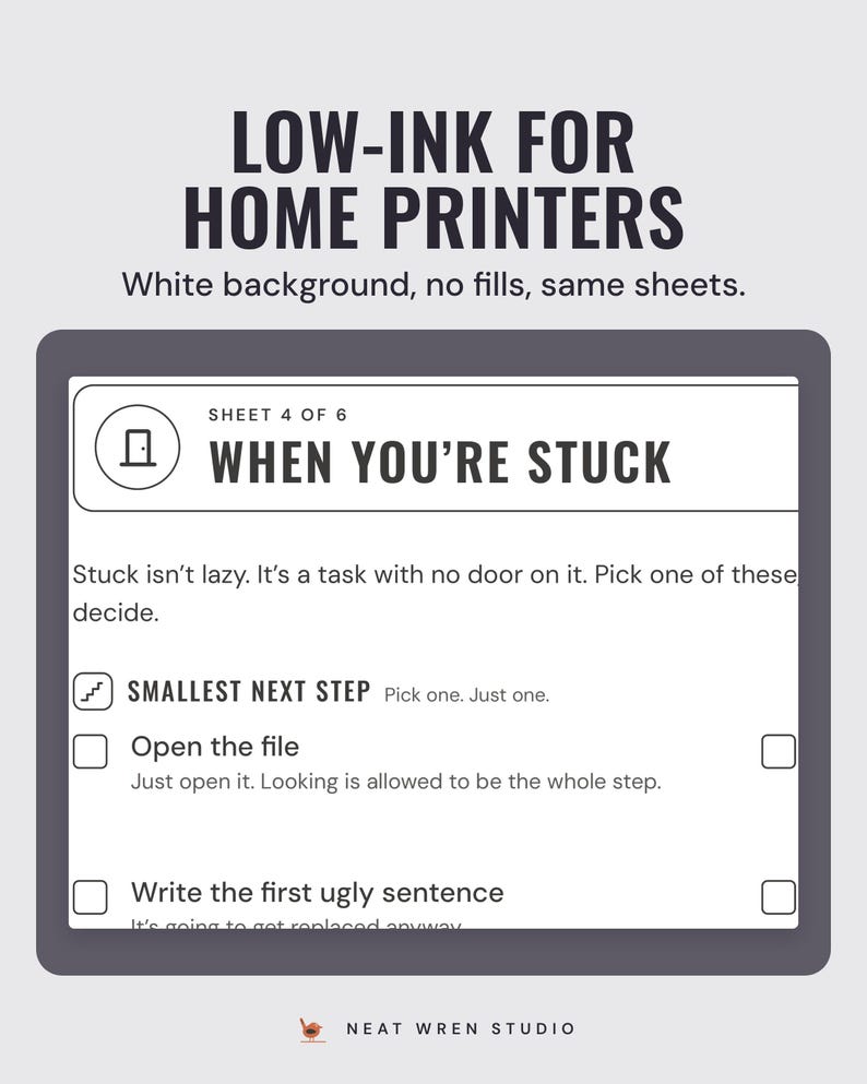 The low-ink version of the When you're stuck sheet: black outlines on a white background with no colour fills, for home printers.