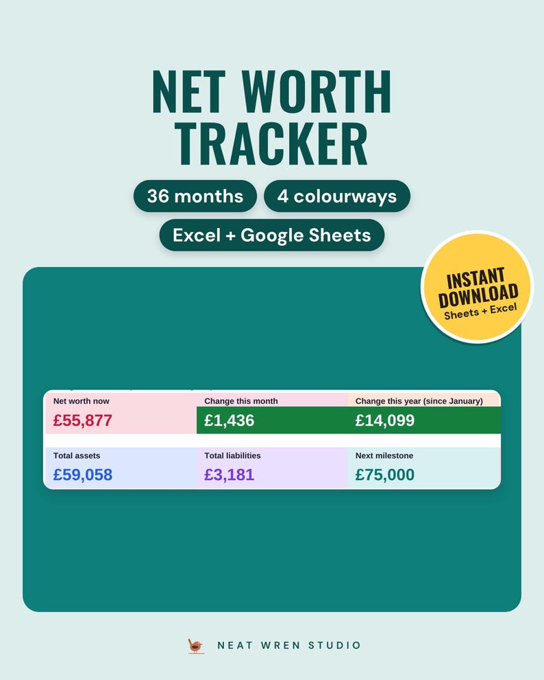 Net Worth Tracker Spreadsheet: main listing photo showing the product with an 'Instant download' badge. Digital product from Neat Wren Studio.