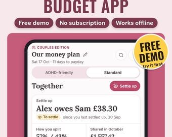 May include: A digital interface for a couples budget app titled Our money plan. The screen displays a Settle up section showing Alex owes Sam £38.30, a 57% / 43% split, and a shared October total of £1,557.42. Features include ADHD-friendly and Standard modes.