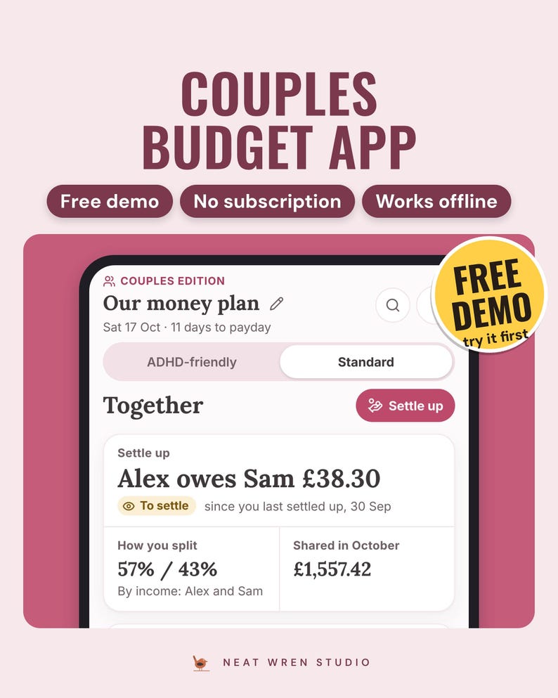 Couples budget app on a phone: Together screen showing Alex owes Sam £38.30, split by income 57% and 43%, with a Free demo sticker