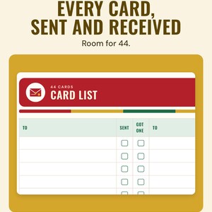 The Christmas card list for 44 cards with sent and got one tick boxes, under the headline Every card, sent and received, and the line Room for 44.