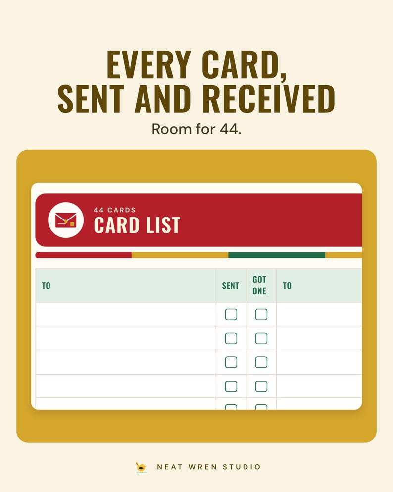 The Christmas card list for 44 cards with sent and got one tick boxes, under the headline Every card, sent and received, and the line Room for 44.