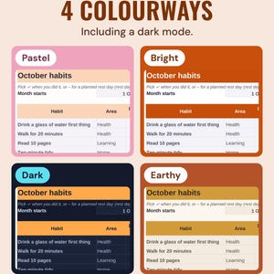 The October habits tab in four colourways, Pastel, Bright, Dark and Earthy, under the headline 4 colourways, and the line Including a dark mode.