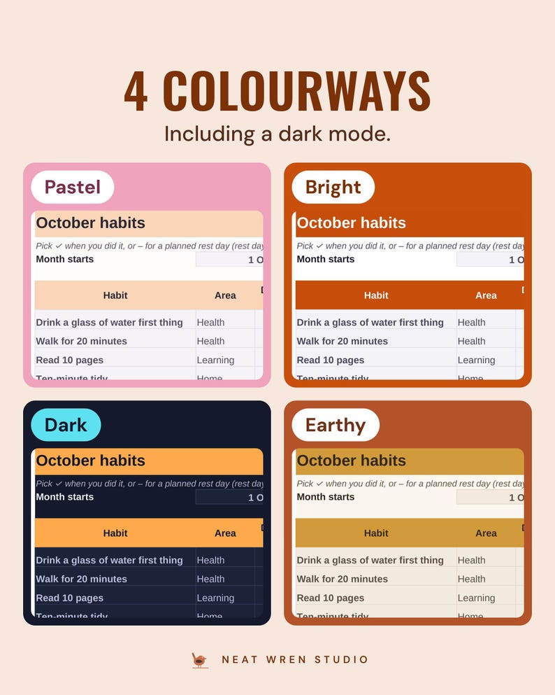 The October habits tab in four colourways, Pastel, Bright, Dark and Earthy, under the headline 4 colourways, and the line Including a dark mode.