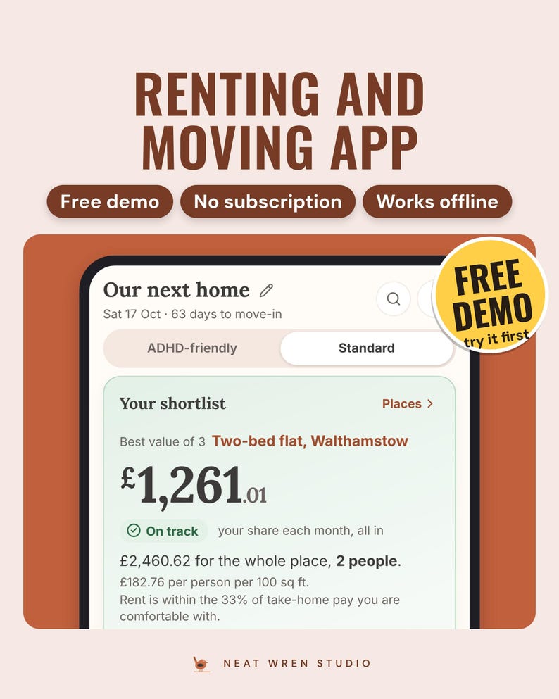 UK Moving Costs Calculator App: main listing photo showing the product with a 'Free demo' badge. Digital product from Neat Wren Studio.