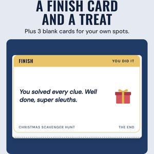 The finish card that reads You solved every clue. Well done, super sleuths, under the headline A finish card and a treat, plus 3 blank cards for your own spots.