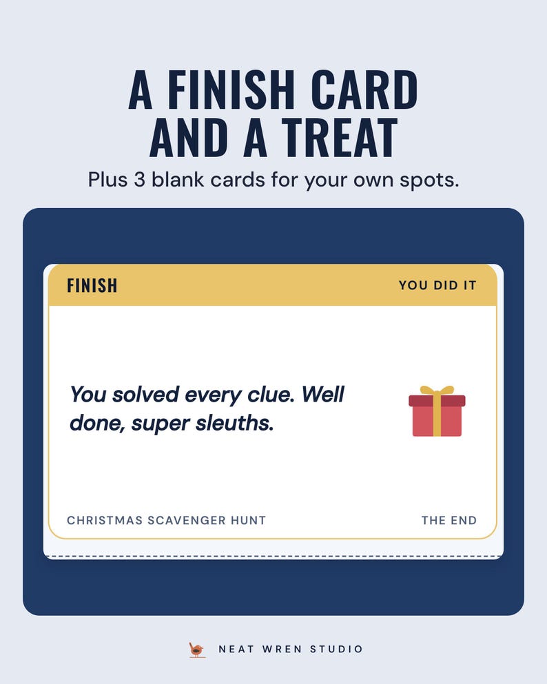 The finish card that reads You solved every clue. Well done, super sleuths, under the headline A finish card and a treat, plus 3 blank cards for your own spots.
