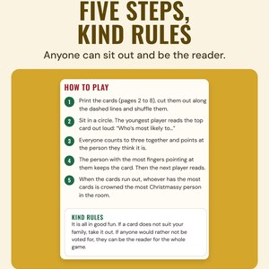 The how to play page with five steps and kind rules, under the headline Five steps, kind rules, and the line Anyone can sit out and be the reader.