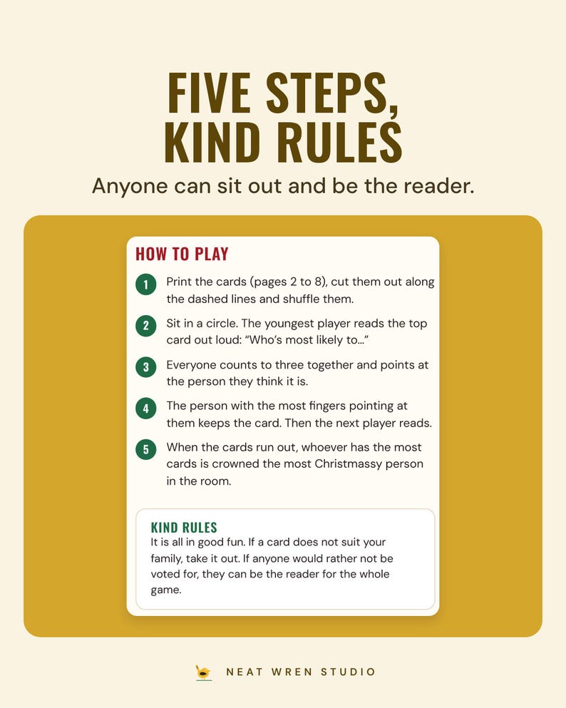 The how to play page with five steps and kind rules, under the headline Five steps, kind rules, and the line Anyone can sit out and be the reader.