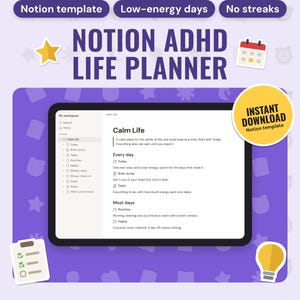 Notion ADHD Life Planner Template | Today Dashboard, Brain Dump, Tasks by Energy, Routines, Habit Tracker With No Streaks, Weekly Reset